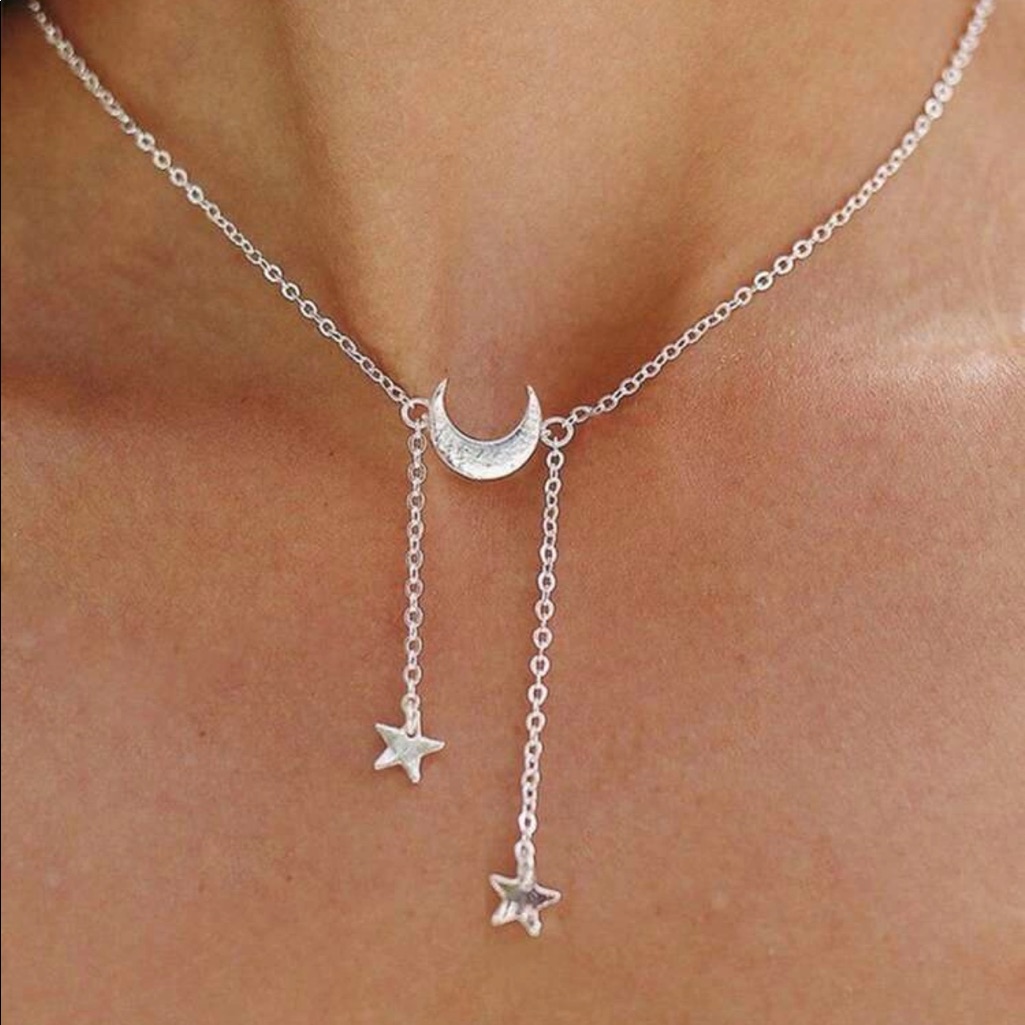 3/$30 Silver Star & Moon Lariat Pendant Necklace